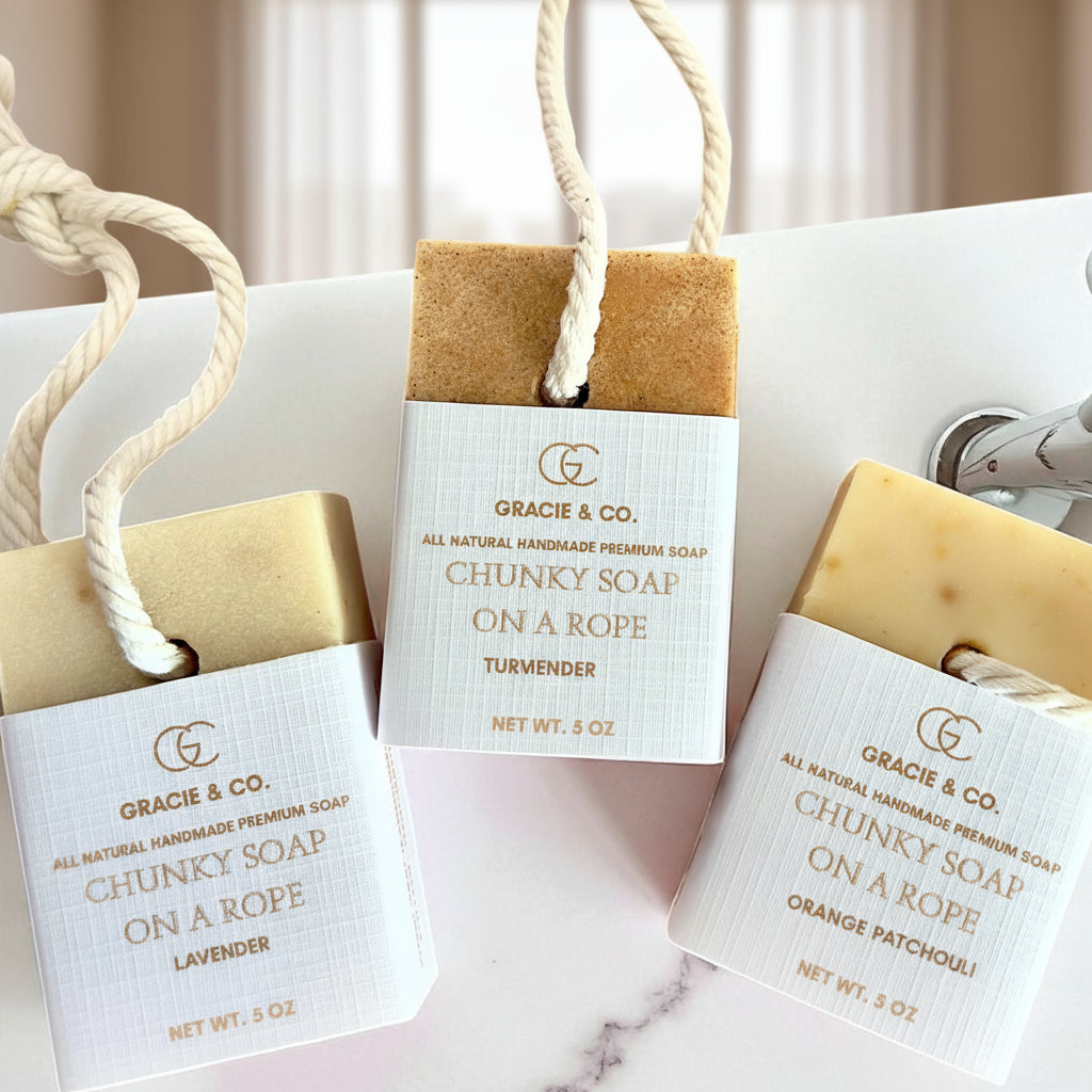 Image 1: Chunky Soap On A Rope Turmeric Ginger- Handmade Natural Soap